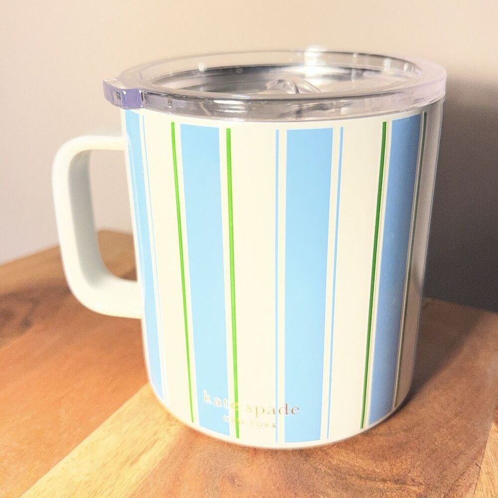 kate spade new york Striped Insulated Coffee Mug w/ Lid Blue White Green
